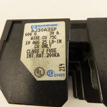 Marathon 6J30ASP 600V 30A Class J Fuse Block 3 Pole NOS