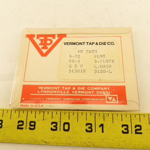 Vermont Tap & Die 313010 6-32 LEFT Hand Thread GH3 3 Flute Plug Tap  Lot Of 7