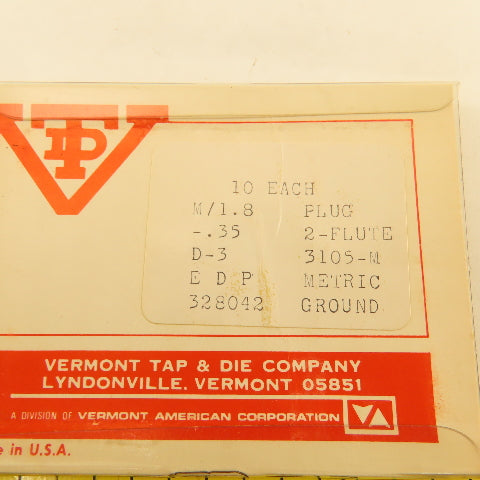 Vermont Tap & Die M1.8 x .35 Metric Plug Tap 2 Flute D-3 3105-M Lot Of 12
