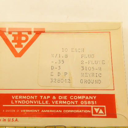 Vermont Tap & Die M1.8 x .35 Metric Plug Tap 2 Flute D-3 3105-M Lot Of 12