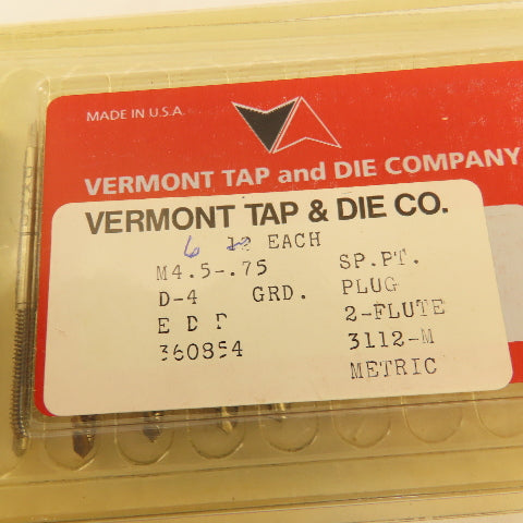 Vermont Tap & Die M4.5-.75 Metric Plug Tap 2 Flute HSS Lot Of 6