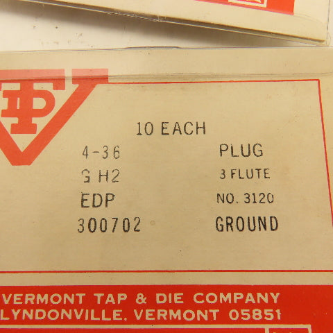 Vermont 4-36 Plug Tap 3 Flute GH2 EDP Ground Lot Of 16