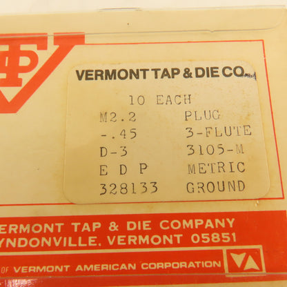 Vermont M2.2-.45 Metric Plug Tap 3 Flute Ground Lot Of 10