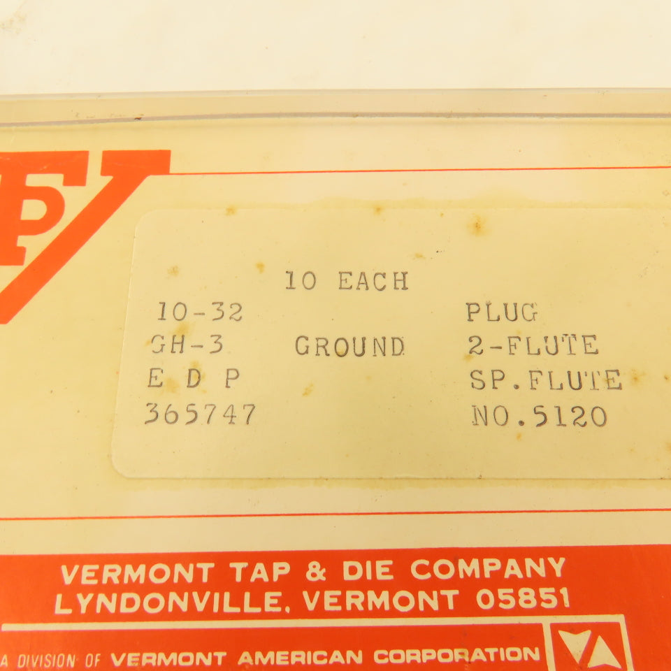 Vermont Tap & Die 365747 10-32 Plug Tap 2 Flute Spiral GH-3 USA Lot Of 10
