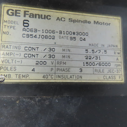 GE Fanuc A06B-1006-B100#3000 Model 6 AC Spindle Motor 200V 3Ph 1500/6000 RPM