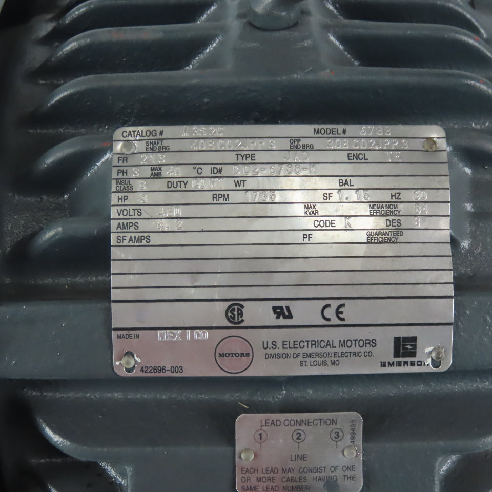 US Motors A3S2C 6788 3Hp Electric Motor 460V Only 3PH 213 Frame 1765 RPM
