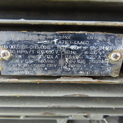 Siemens EN60034 12.6 kW (16.9 Hp) AC Electric Motor 1760RPM 400-440-480 3Ph