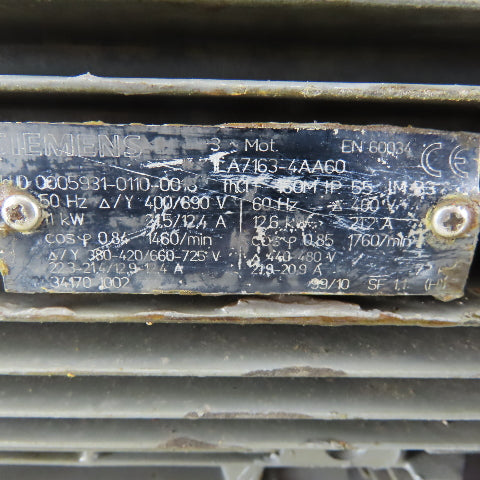 Siemens EN60034 12.6 kW (16.9 Hp) AC Electric Motor 1760RPM 400-440-480 3Ph