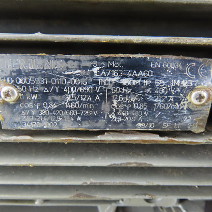 Siemens EN60034 12.6 kW (16.9 Hp) AC Electric Motor 1760RPM 400-440-480 3Ph