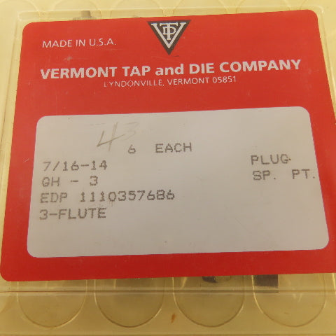 Vermont 7/16"-14 G-H3 Spiral Point 3 Flute Plug Tap Lot Of 4