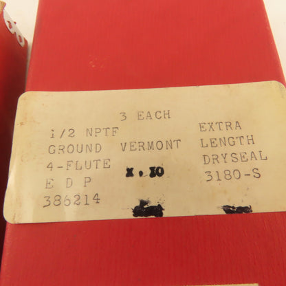 Vermont 1/2"-14 NPTF 4 Flute Pipe Tap Extra Length 4-3/8" OAL Lot of 3