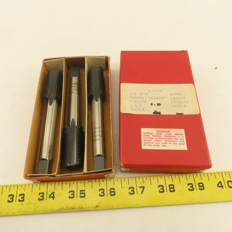 Vermont 1/2"-14 NPTF 4 Flute Pipe Tap Extra Length 4-3/8" OAL Lot of 3