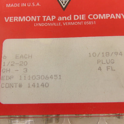 Vermont 1/2"-20 GH-3 4 Flute Plug Tap NOS USA Lot Of 6