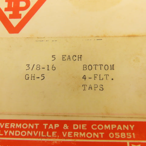Vermont 3/8"-16 GH-5 Bottoming Tap 4 Flute Lot Of 5
