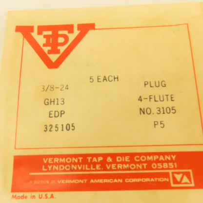 Vermont 3/8"-24 GH13 Plug Tap 4 Flute Lot Of 5