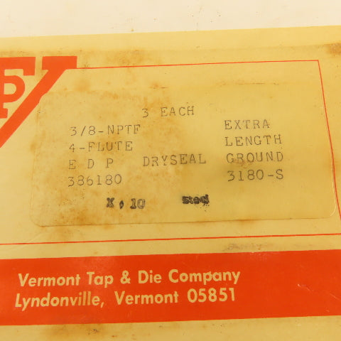 Vermont 3/8"-18 NPTF Pipe Tap Extra Length Dryseal Ground Lot Of 3