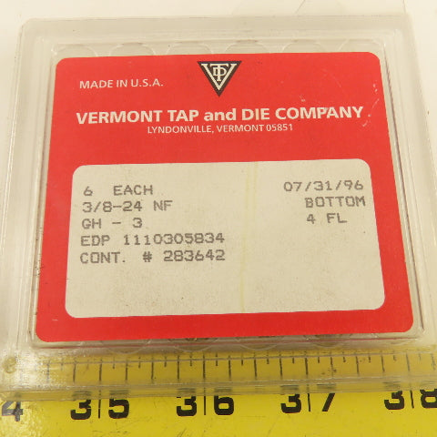 Vermont 3/8"-24 NF GH-3  4 Flute Bottom Tap NOS USA Lot Of 6