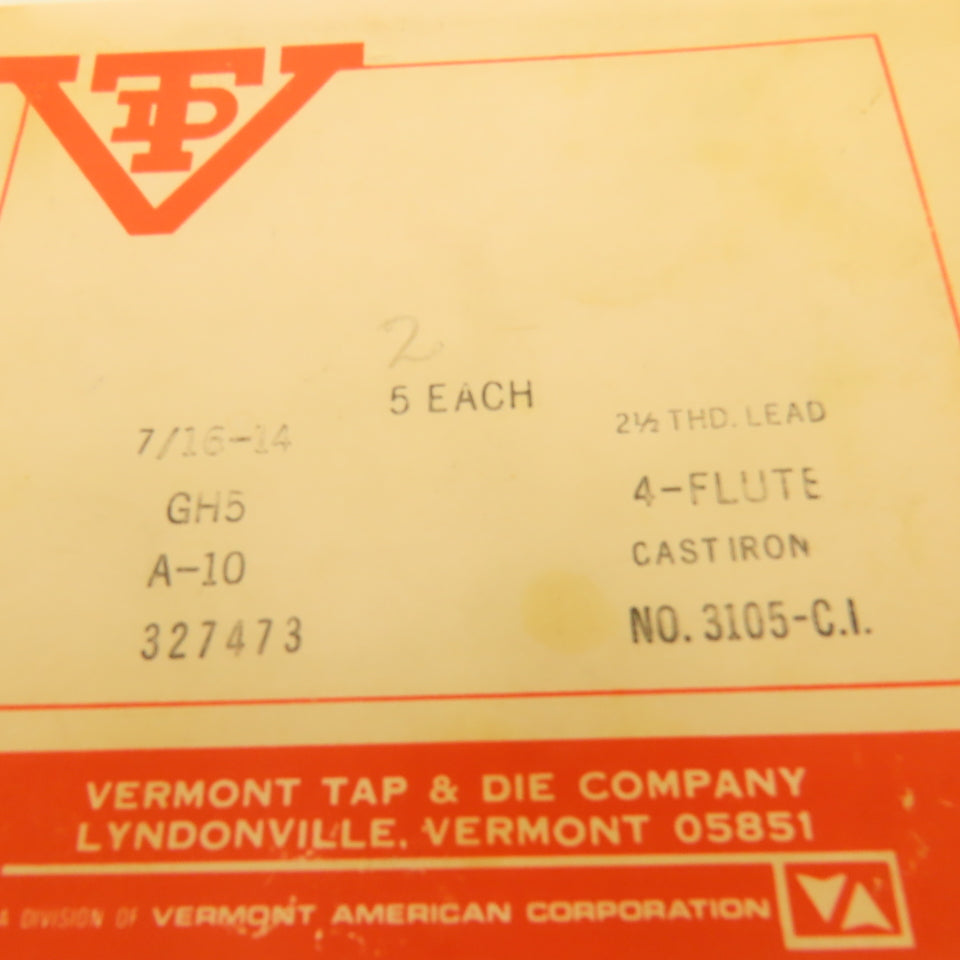 Vermont 7/16"-14 GH5 A-10 4 Flute Plug Tap For Cast Iron Lot Of 2