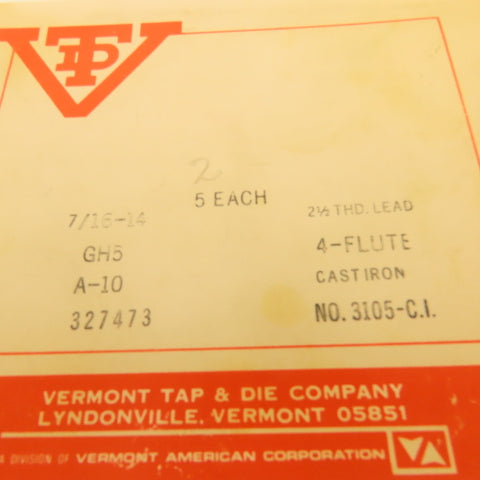 Vermont 7/16"-14 GH5 A-10 4 Flute Plug Tap For Cast Iron Lot Of 2