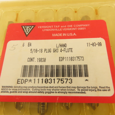 Vermont 5/16"-18 GH-3 LEFT Hand Plug Tap 4 Flute Pointed Lot Of 11