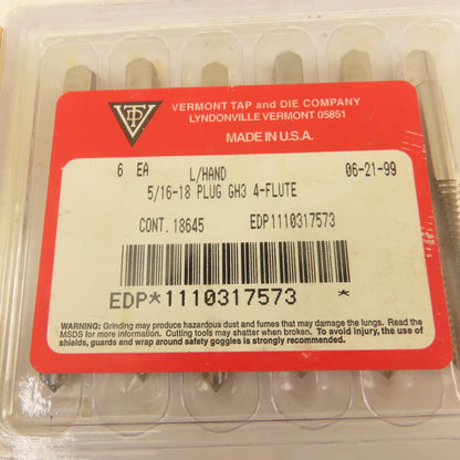 Vermont 5/16"-18 GH-3 LEFT Hand Plug Tap 4 Flute Pointed Lot Of 11
