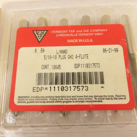 Vermont 5/16"-18 GH-3 LEFT Hand Plug Tap 4 Flute Pointed Lot Of 11