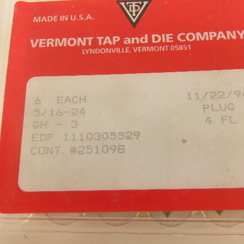 Vermont 5/16"-24 GH-3 HS Plug Tap 4 Flute Pointed Lot Of 6
