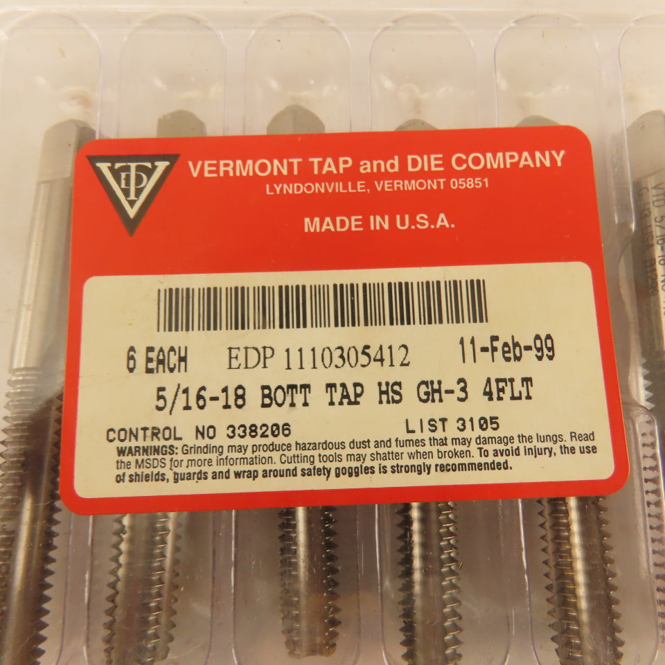 Vermont 5/16"-18 GH-3 HS Bottom Tap 4 Flute Lot Of 6