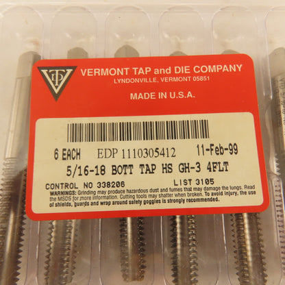 Vermont 5/16"-18 GH-3 HS Bottom Tap 4 Flute Lot Of 6