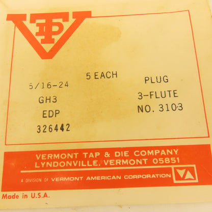 Vermont 5/16"-24 GH-3 HSS Plug Tap 3 Flute Lot Of 5