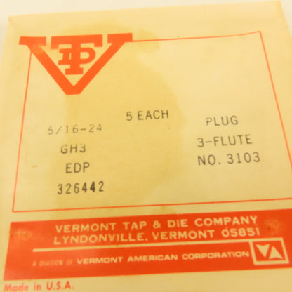 Vermont 5/16"-24 GH3 Pointed Plug Tap 3 Flute NOS USA Lot Of 8
