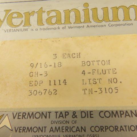 Vermont Vertanium 9/16"-18  GH-3 Bottom Tap 4 Flute TiN Coated Lot Of 3