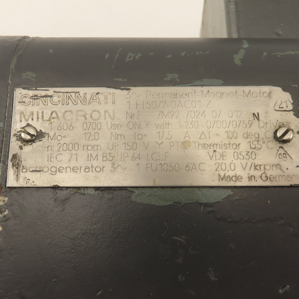 Cincinnati 1FT5072-0AC01-Z 2000RPM 3Ph 150VDC Permanent Magnet DC Servo Motor