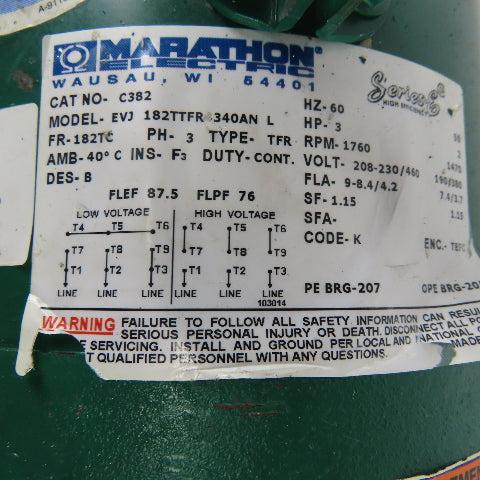 Marathon EVJ 182TTFR4340AN L 3Hp Electric Motor 208-230/460V 3Ph 1760RPM 182TC