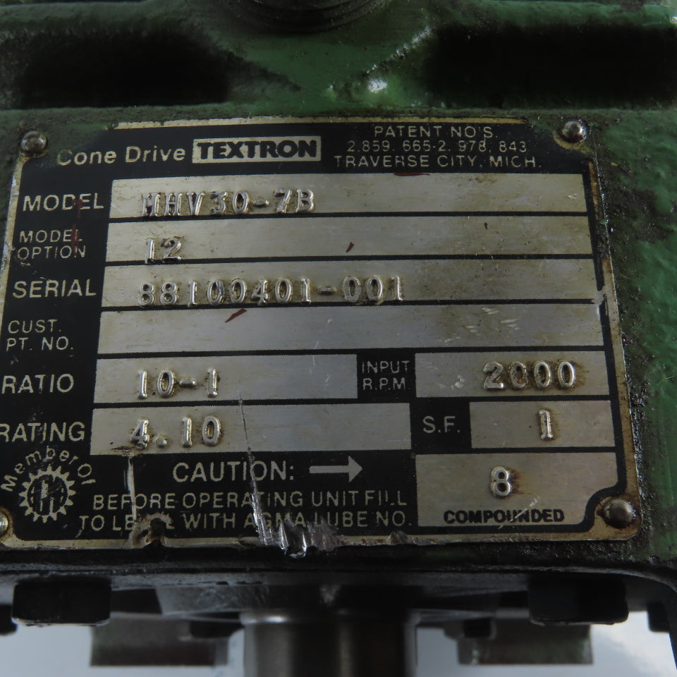 Textron MHV30-7B Cone Drive 10:1 Ratio 2000RPM 4.10Hp Input MAX Gear Reducer