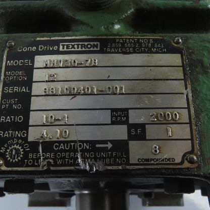 Textron MHV30-7B Cone Drive 10:1 Ratio 2000RPM 4.10Hp Input MAX Gear Reducer