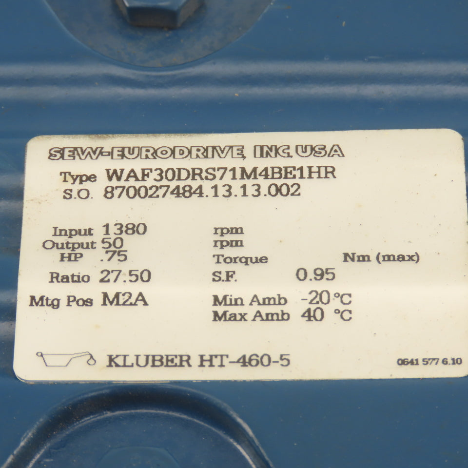 Sew Eurodrive WAF30DRS71M4BE1HR 27.5:1 Ratio 50RPM Output 50Hz 400V Gear Motor