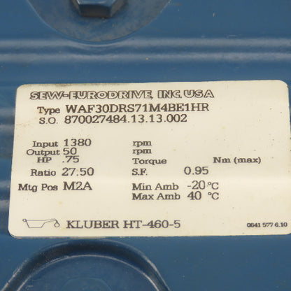 Sew Eurodrive WAF30DRS71M4BE1HR 27.5:1 Ratio 50RPM Output 50Hz 400V Gear Motor