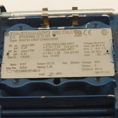 Sew Eurodrive WAF20DRS71S4BE05HR 6.57:1 Ratio 259RPM Output 440/480VY Gear Motor