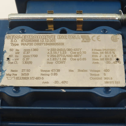 Sew Eurodrive WAF20DRS71S4BE05HR 27.5:1 Ratio 60RPM Output 440-480VY Gear Motor