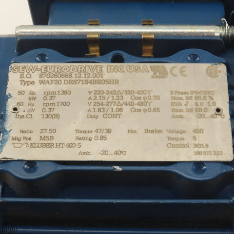 Sew Eurodrive WAF20DRS71S4BE05HR 27.5:1 Ratio 60RPM Output 440-480VY Gear Motor