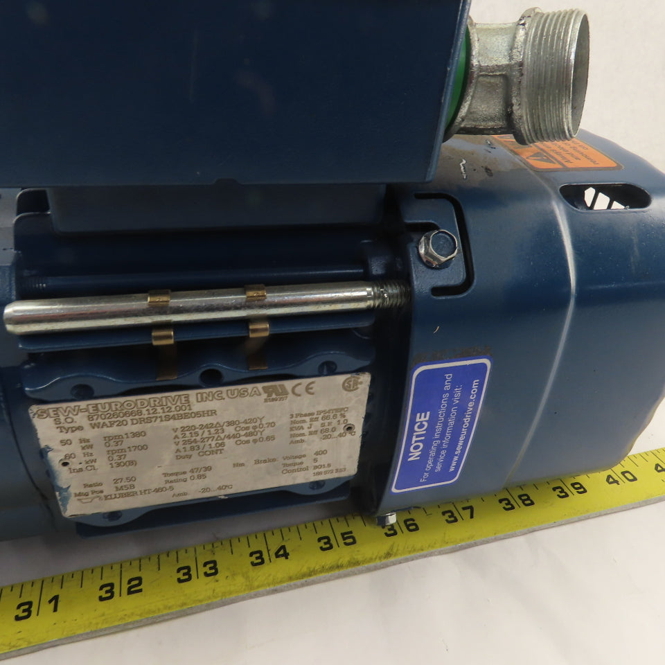 Sew Eurodrive WAF20DRS71S4BE05HR 27.5:1 Ratio 60RPM Output 440-480VY Gear Motor