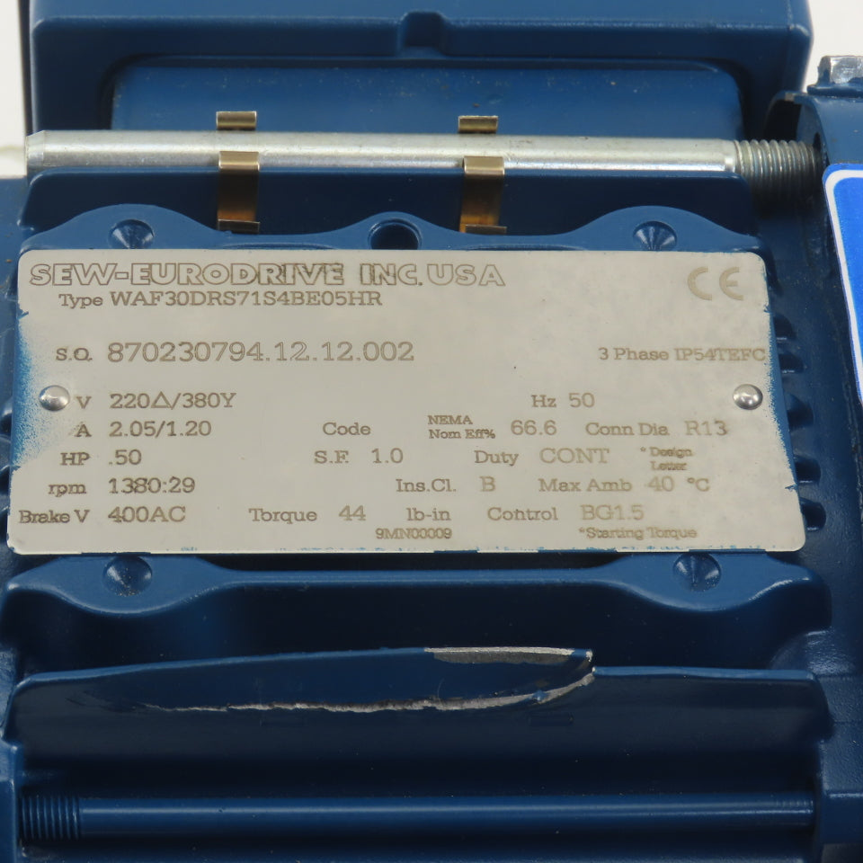 Sew WAF30DRS71S4BE05HR 47.5:1 Ratio 29RPM .50Hp 3Ph 220/380V 50Hz Gear Motor