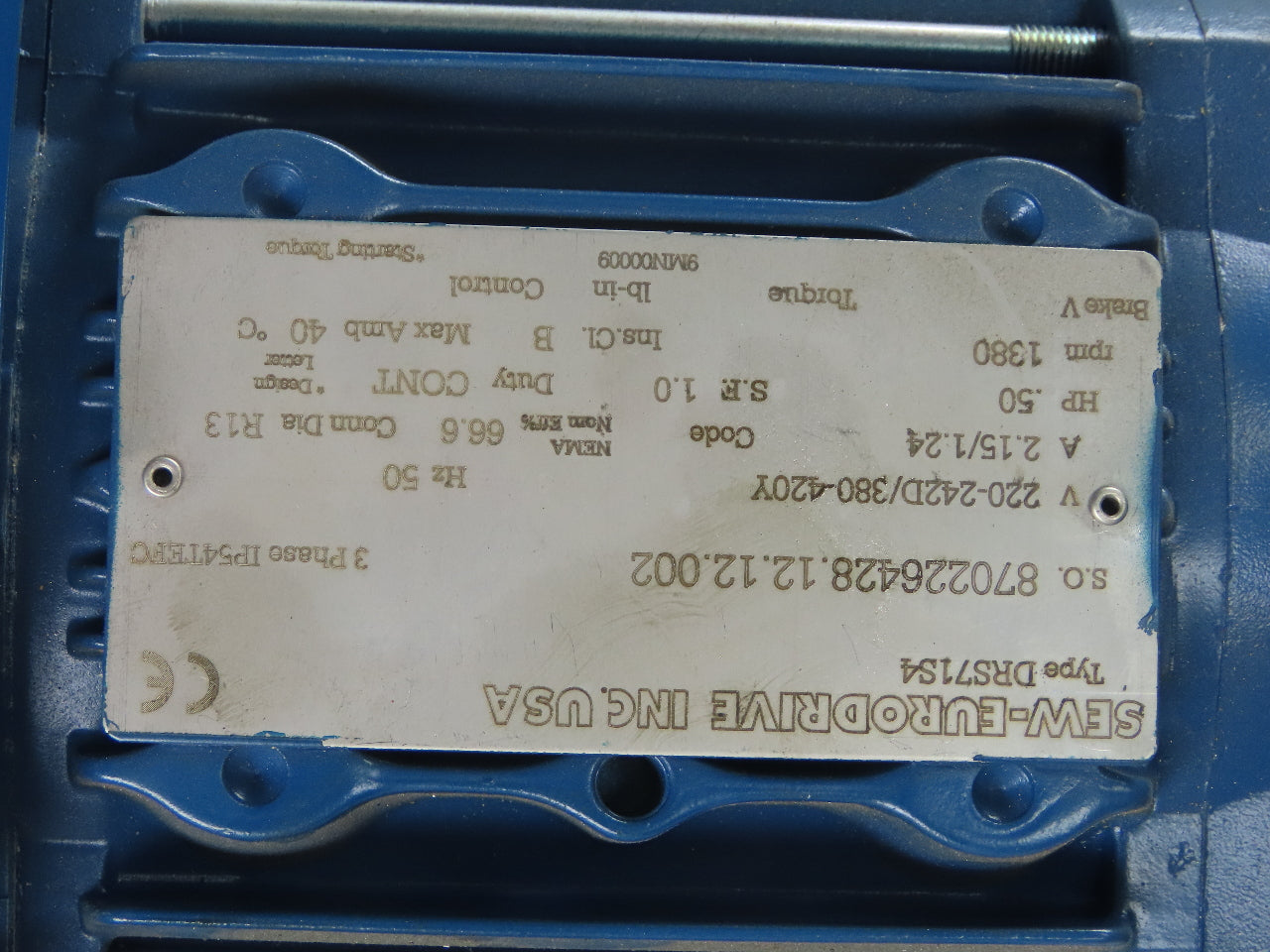 Sew FT57BDRS71S4 199.70:1 Ratio 6.9RPM Output .5Hp 220D/420Y V 50Hz Gear Motor