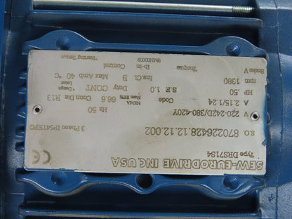 Sew FT57BDRS71S4 199.70:1 Ratio 6.9RPM Output .5Hp 220D/420Y V 50Hz Gear Motor