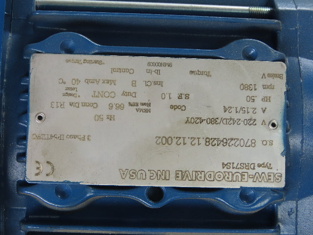 Sew FT57BDRS71S4 199.70:1 Ratio 6.9RPM Output .5Hp 220D/420Y V 50Hz Gear Motor