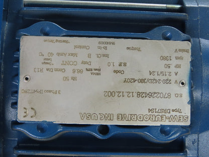 Sew FT57BDRS71S4 199.70:1 Ratio 6.9RPM Output .5Hp 220D/420Y V 50Hz Gear Motor