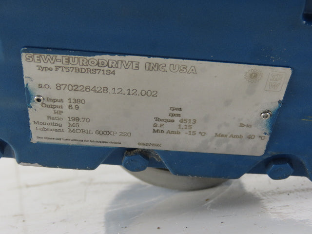 Sew FT57BDRS71S4 199.70:1 Ratio 6.9RPM Output .5Hp 220D/420Y V 50Hz Gear Motor