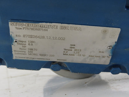 Sew FT57BDRS71S4 199.70:1 Ratio 6.9RPM Output .5Hp 220D/420Y V 50Hz Gear Motor