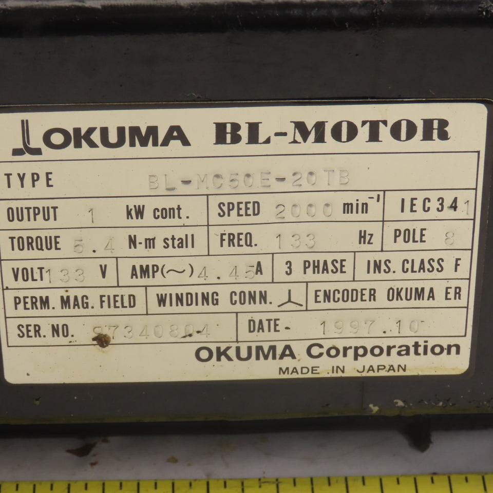Okuma BL-MC50E-20TB 1kW 2000RPM 3Ph 133V 133Hz BL Motor